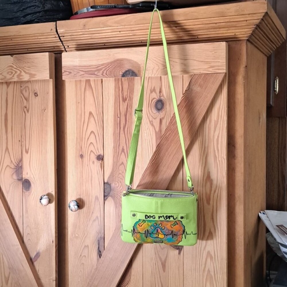 Hand Painted Faux Leather Lime Green Crossbody Dog Mom Bag Purse - Picture 11 of 13